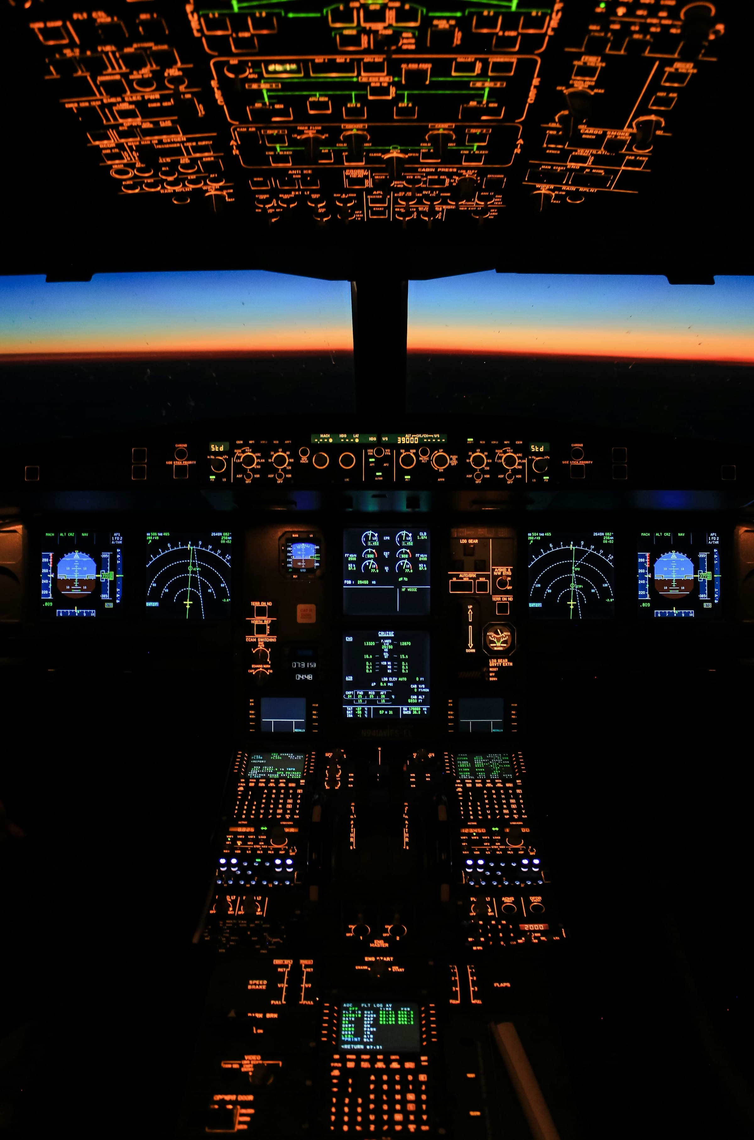 Aircraft cockpit at dusk
